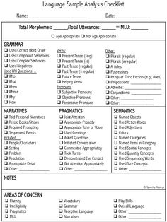 a printable worksheet for the language sample checklist, which includes several words and