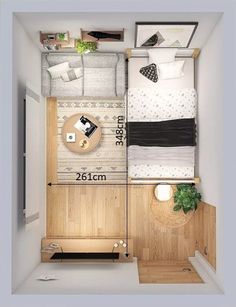 an overhead view of a small bedroom