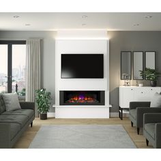 a living room with couches and a television mounted on the wall over a fireplace