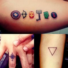 three different tattoos on the arms and hands, one with an arrow, another with symbols