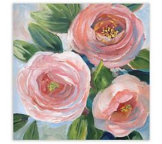 an oil painting of three pink roses with green leaves