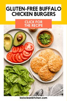 an image of chicken burgers with lettuce, tomatoes and avocado