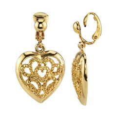 Show your sentimental side with these filigree heart clip-on drop earrings from 1928.EARRING DETAILS Dimensions: 1.5 in. L x 0.75 in. W Backings: clip-on Metal: alloy Plating: silver tone, gold tone Finish: polished Not appropriate for children 14 years old and younger. Size: One Size. Color: Yellow. Gender: female. Age Group: adult. Elegant Clip-on Heart Earrings For Valentine's Day, Gold Heart Shaped Clip-on Earrings For Wedding, Elegant Heart-shaped Clip-on Earrings For Valentine's Day, Heart-shaped Clip-on Wedding Earrings, Elegant Gold Heart-shaped Clip-on Earrings, Elegant Gold Heart Shaped Clip-on Earrings, Elegant Heart-shaped Clip-on Jewelry, Wedding Heart-shaped Clip-on Earrings, Heart-shaped Clip-on Jewelry For Formal Occasions