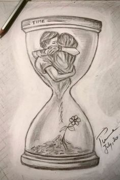 a drawing of a couple hugging in an hourglass