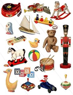 there are many toy items on this white background