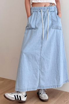 Layla Maxi Denim Skirt Pull on style Elastic banding on waist Drawstring tie Product Specification :100% Cotton Flat measurement : Waist 34cm, Hip 56cm, Length 89cm Professional Clean Only / Do Not Tumble Dry Model's height is 5′ 6″ (171cm) Bust 31.5in Waist 26in Hip 34in and wearing S/M Cotton Tie Waist Skirt For Spring, Cotton Skirt With Tie Waist For Spring, Casual Cotton Skirt With Drawstring, Casual Blue Denim Skirt With Elastic Waistband, Casual Tie Waist Skirt For Spring, Trendy Drawstring Skirt For Spring, Casual Spring Skirt With Tie Waist, Casual Summer Skirt With Drawstring, Casual Skirt With Tie Waist For Spring