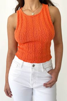 Megan Top Spring Cropped Stretch Knit Top, Spring Stretch Cropped Knit Top, Stretch Cropped Knit Top For Spring, Orange Stretch Tank Top For Spring, Spring Stretch Orange Tank Top, Chic Fitted Orange Crop Top, Orange Fitted Crop Top For Spring, Chic Cropped Orange Top, Fitted Orange Crop Top For Spring