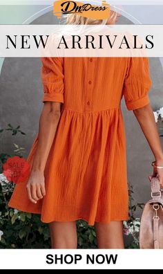 O Neck Puff Sleeve Swing Dress Casual Mini Dress With Lantern Sleeves, Casual Puff Sleeve Dress With Lantern Sleeves For Brunch, Casual Orange Puff Sleeve Dress, Casual Puff Sleeve Dress For Daywear In Fall, Casual Puff Sleeve Dress For Fall Daywear, Fall Casual Puff Sleeve Dress, Casual Solid Color Mini Dress With Puff Sleeves, Casual Solid Color Puff Sleeve Mini Dress, Solid Color Puff Sleeve Dress For Day Out