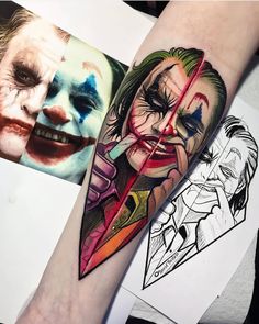 the joker and harley tattoo on the arm is very colorful, but it looks like they are