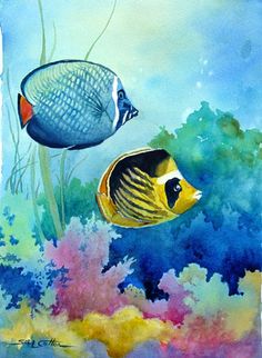 watercolor painting of two tropical fish swimming in the ocean with corals and plants