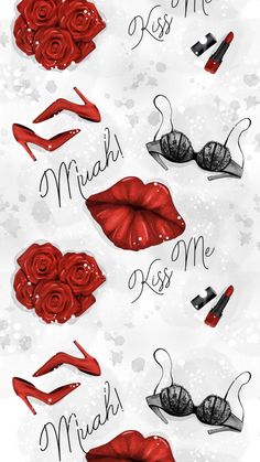 some red lipstick and other items on a white background with the words kiss me written in black