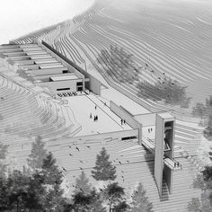 an architectural drawing of a building on top of a hill with people walking around it