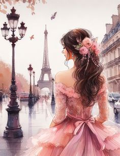 a painting of a woman in an elegant dress looking at the eiffel tower