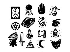 a collection of black and white icons on a white background, each with different symbols