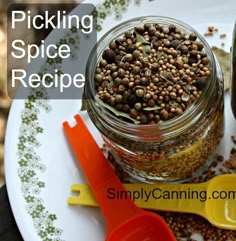 two jars filled with spices sitting on top of a white plate next to spoons