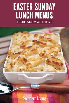 the cover of southern living's easter sunday lunch menu, featuring a casserole dish