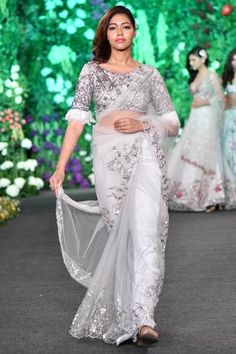 Shop for Kashmiraa Grey Aari Embroidered Saree With Faux Fur Detail Blouse for Women Online at Aza Fashions Bride Essentials, Blue Blouse Designs, Bollywood Designer Sarees, Net Embroidery, Indian Sari Dress, Embroidered Saree, Stylish Blouse Design, Saree Trends, Bridal Stores