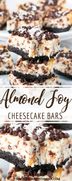 chocolate chip cheesecake bars stacked on top of each other with the title above it