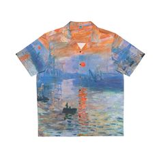 Nothing says "I love summer" like a Hawaiian shirt, and now, you can make this iconic garment even better by featuring the painting "Sunrise," by Claude Monet on it. Made to have a boxy fit and a notch lapel collar that are perfect for any laidback scenario, these shirts come with a handy chest pocket and a 95% polyester and 5% spandex fabric for silky comfort. Choose between black or white buttons.  * Material: 95% polyester, 5% spandex * Medium fabric (7.23 oz/yd²(245 g/m * Boxy fit * Chest po Summer Graphic Print T-shirt With Camp Collar, Artistic Cotton Summer Shirt, Artistic Printed Summer Tops, Artistic Printed Tops For Summer, Artistic Printed Summer T-shirt, Artistic Tops With Artwork For Summer, Artistic Printed T-shirt For Summer, Artistic Summer Tops With Artwork, Artistic Short Sleeve Relaxed Shirt