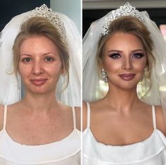 two pictures of the same woman before and after their wedding makeup makeover, one is wearing a tiara