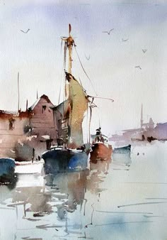 watercolor painting of boats in the harbor