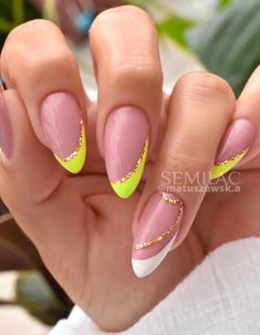 Add a burst of color to your summer mani with these 30 bright neon nails! Whether you're looking for bold and daring or subtle and chic ideas, these nail designs have got you covered. For example, we love these neutral and neon yellow French tip nails in an almond shape. Colorful Nail Designs Almond, Elegant Neon Nails, Glam Summer Nails, Neon Almond Nails Designs, Fun Summer Nails Bright Almond, Tropical Vacation Nails Almond Shape, Almond Neon Nails, Neon Nail Art Summer, Delivery Nails