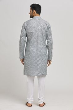 Pastel grey cotton kurta with sequins and thread embroidered checkered pattern. Comes with churidar. - Aza Fashions Pastel Grey, Men Kurta, Cotton Kurta, Band Collar, Churidar, Checkered Pattern, Grey Cotton, Aza Fashion, Thread