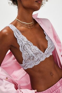 Made for every day, this lace bralette is featured in a pull-on style and sheer fabrication with a plunging neckline and low back. **Fit:** Pull-on style **Features:** Sheer lace fabrication, scallop trim, plunging neckline, fixed shoulder straps, low back, side boning for a supportive fit **Why We | Last Dance Lace Plunge Bralette by Intimately at Free People in Pink, Size: L Feminine Triangle Top Bra With Delicate Lace, Delicate Lace Low-cut Feminine Bra, Feminine Delicate Lace Low-cut Bra, Low-cut Lace Trim Bra, Fitted Triangle Top Bra With Delicate Lace, Delicate Lace Fitted Triangle Top Bra, Delicate Lace Fitted Triangle Bra, Lilac Marble, Semi Sheer Top