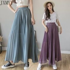 Fashion Streetwear Pleated Culotte Pants Blue Black Purple Chiffon Tro – lastrafashion Chiffon Trousers, Chiffon Pleated Skirt, Flared Palazzo, Culotte Pants, Pants Blue, Pantalon Large, Loose Pants, Pleated Pants, Straight Skirt