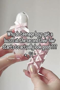 someone is holding up a small bottle that says why do teenage boys get a buzz cut the second their hair starts to actually look good?