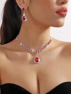 1pc Red Crystal Necklace And 1pair Red Crystal Stud Earrings Red    Artificial Crystal     Women Fashion Jewelry, size features are:Bust: ,Length: ,Sleeve Length: Dark Red Jewelry, Garnet Jewelry Necklace, Ruby Choker Necklace, Ruby Red Necklace, Red Choker Necklace, Expensive Necklaces, Red Jewelry Set, Red Crystal Necklace, Glitter Necklace