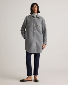 Our 100% Merino Wool Long Shirt Jacket is your perfect go-to style as the temperature starts to drop. Expertly tailored with boiled merino wool, this shirt jacket - shacket - has the relaxed silhouette of a shirt, but provides the warmth of a jacket. With an intentionally oversized look, it's perfect for layering and made to throw on over any outfit with ease.  | Quince | Women's 100% Merino Wool Long Shirt Jacket in Heather Grey, Size XS Merino Wool Long Sleeve Outerwear For Cold Weather, Merino Wool Outerwear For Fall Workwear, Winter Merino Wool Outerwear With Button Closure, Fall Merino Wool Outerwear For Work, Classic Merino Wool Outerwear With Button Cuffs, Fall Merino Wool Outerwear With Buttons, Long Sleeve Merino Wool Outerwear With Buttons, Fall Merino Wool Outerwear With Pockets, Merino Wool Outerwear With Pockets For Fall