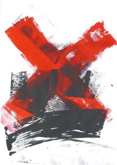 an abstract painting with red and black lines on white paper, in the shape of a x