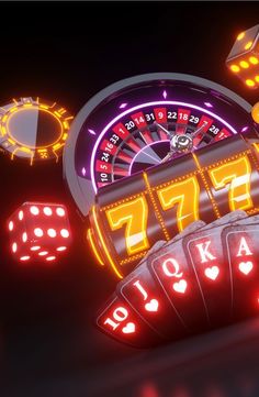 a casino machine with neon lights and dices around it, on a black background