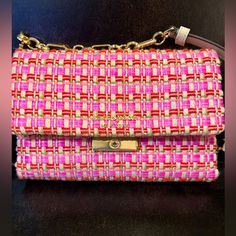 Nwot Kate Spade Pink Tweed Handbag With Gold Chain, Closure And Latch. Never Used. No Rips Tears Or Stains. More Information Or Pictures Please Ask Pink Woven Crossbody Shoulder Bag, Pink Bags With Gold-tone Hardware, Kate Spade Rectangular Shoulder Bag With Chain Strap, Designer Pink Clutch Shoulder Bag, Kate Spade Pink Bags For Evening, Pink Kate Spade Bag For Evening, Pink Kate Spade Evening Bag, Chic Pink Woven Bag, Pink Kate Spade Party Bag