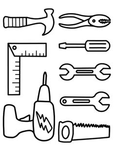 tools are shown in black and white on a white background, including wrench, screwdrives, ruler, spanner, pliers