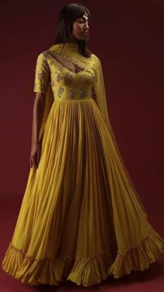 Bottle Green Anarkali, Wedding Outfits Indian, Yellow Anarkali, Dresses Anarkali, Anarkali Frock, Green Anarkali, Floral Hand Embroidery, Angrakha Style