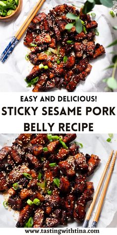 Sticky sesame pork belly is a delicious treat for the whole family! With everything done in under an hour, this dish is perfect for a weeknight or a hit for serving a crowd.I always order pork belly at restaurants, but I had never tried making at home. Now that I have, I’m hooked, and you should be too! Sesame Pork, Asian Pork, Pork Belly Recipes, Chinese Cooking Recipes, Dinner Inspiration, Chinese Cooking, Easy Pasta Recipes, Pork Dishes, Asian Cooking