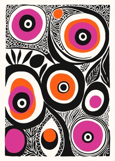 an abstract painting with orange, pink and black circles in the center on a white background