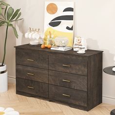 a dresser with various items on it in a room