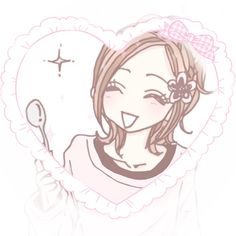 a drawing of a girl holding a spoon and heart shaped object in front of her face