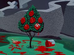 a painting of a tree with red flowers on it and blood flowing down the ground