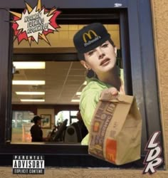 a mcdonald's advertisement with a woman holding a bag in front of the window