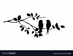 two birds sitting on the branch of a tree with leaves in black and white colors