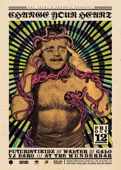 the poster for an event with a man in chains on his chest and hands behind his head