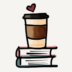 a stack of books with a cup of coffee on top and a heart above it