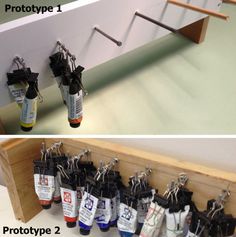 two pictures showing different types of bottles hanging from hooks