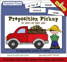 a red truck with the words preposition pickup and a boy standing next to it