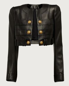 Black Leather Cropped Gold Button Jacket Balmain Jacket, Designer Jacket, Leather Patchwork, Cropped Leather Jacket, Faux Leather Moto Jacket, Leather Moto, Leather Moto Jacket, Jacket Design, Jacket Buttons