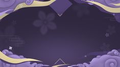 an abstract purple background with flowers and swirls in the center, along with a gold border